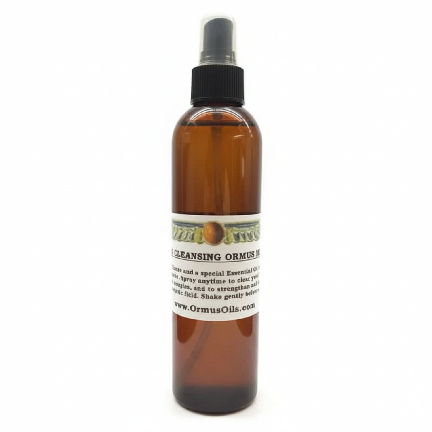 brown spray bottle of Aura Cleansing ORMUS Mist, logo of wings around a circle, special essential oils, spray anytime to strengthen energetic field, www.OrmusOils.com