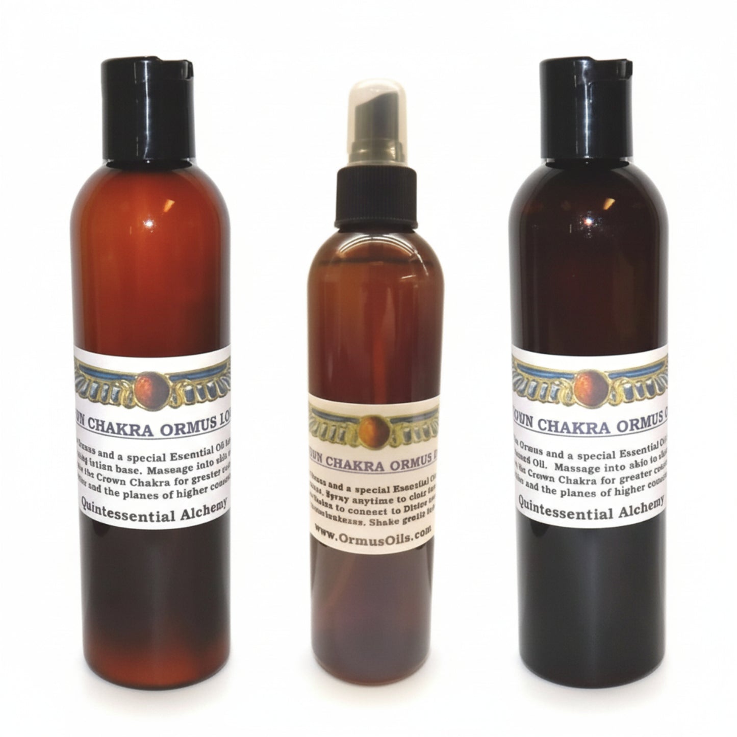 Three brown bottles of Crown Chakra ORMUS Ormus Oils Lotion, Spray and Oil with white labels on a white background