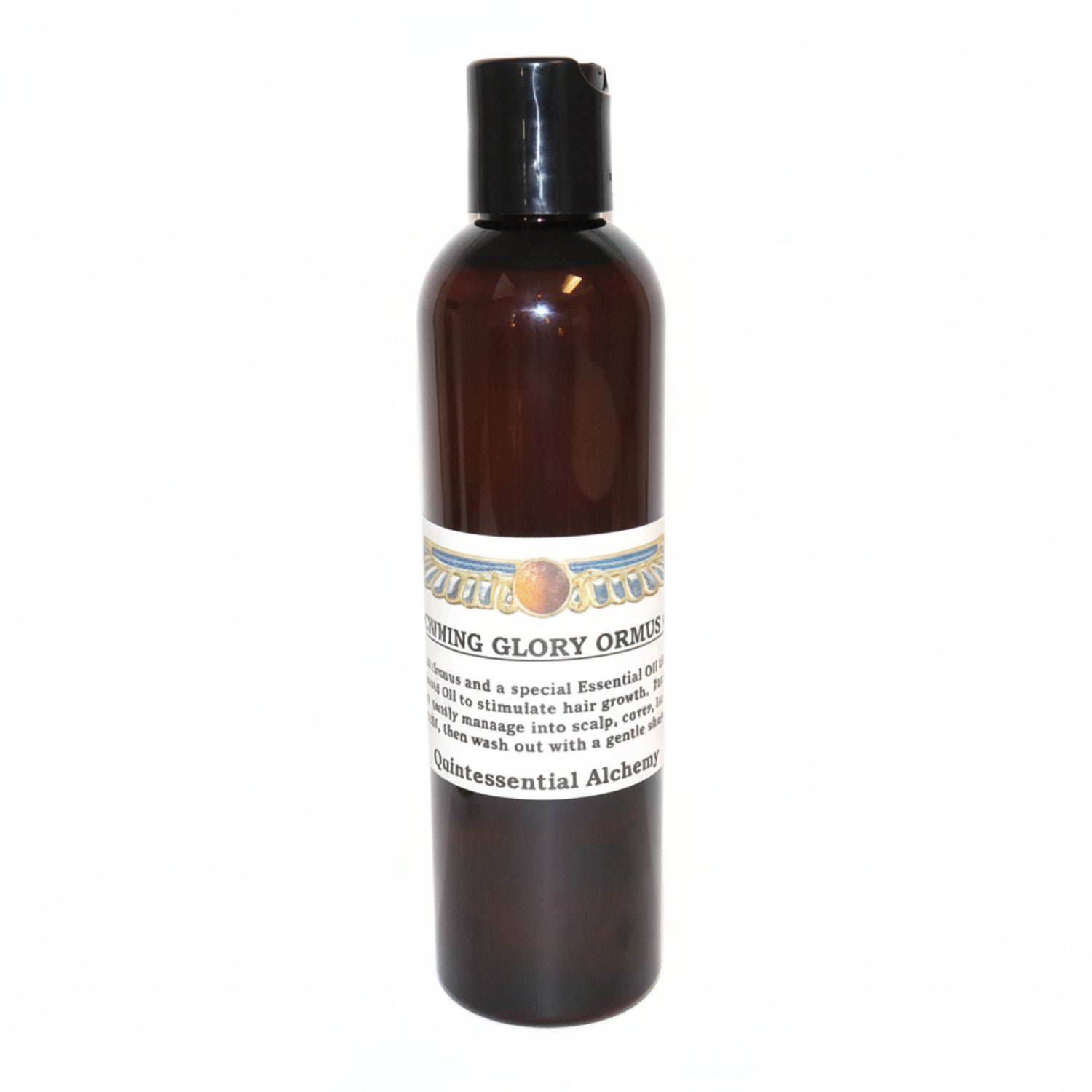 Brown bottle of Crowning Glory ORMUS with white label on a white background