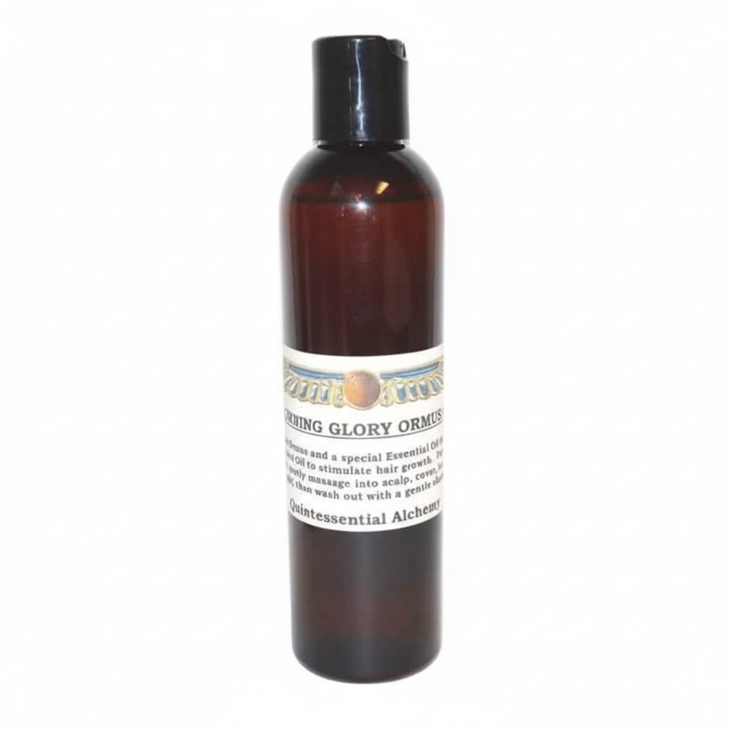 Brown bottle of Crowning Glory ORMUS with white label on a white background