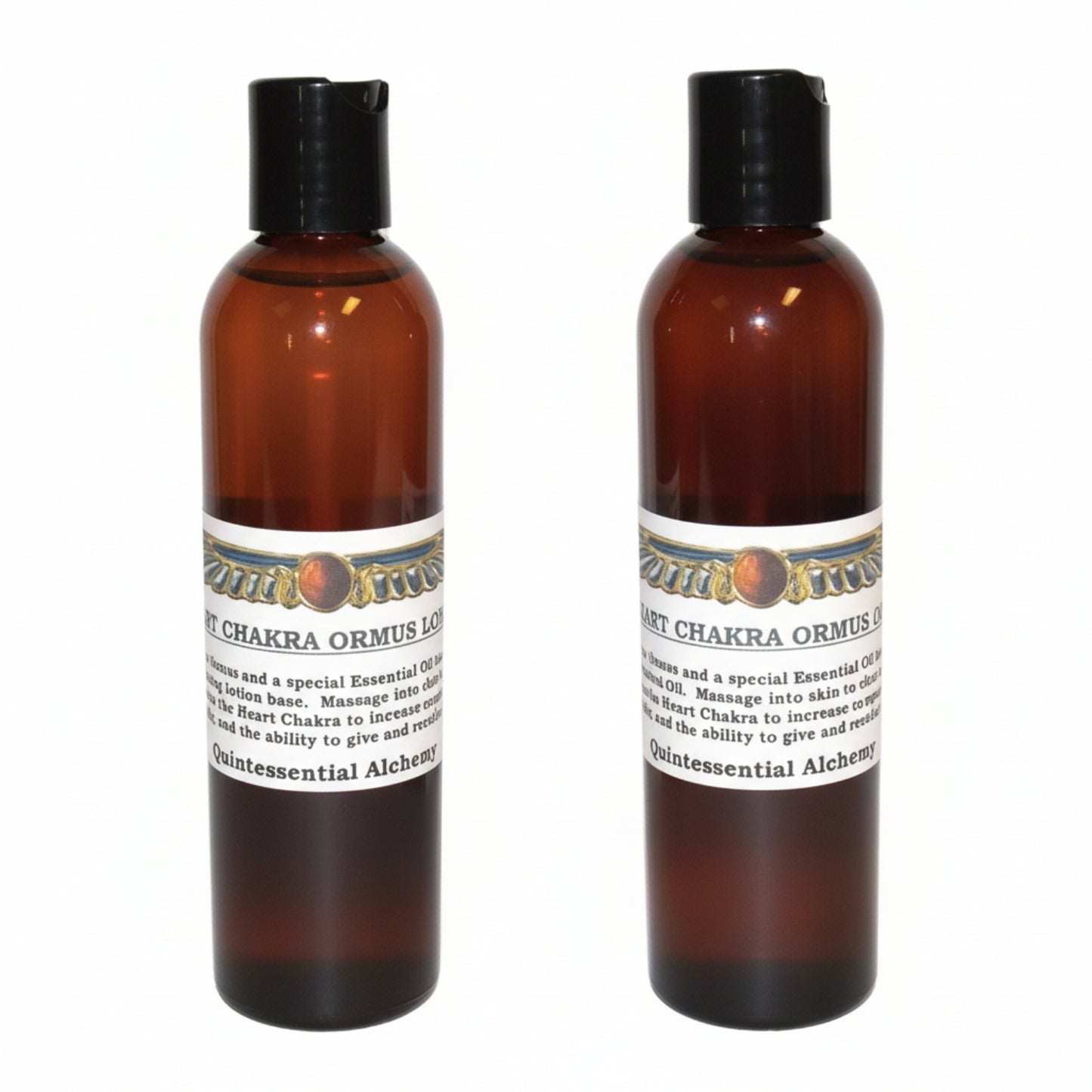 Two brown bottles with black caps of Heart Chakra ORMUS on a white background