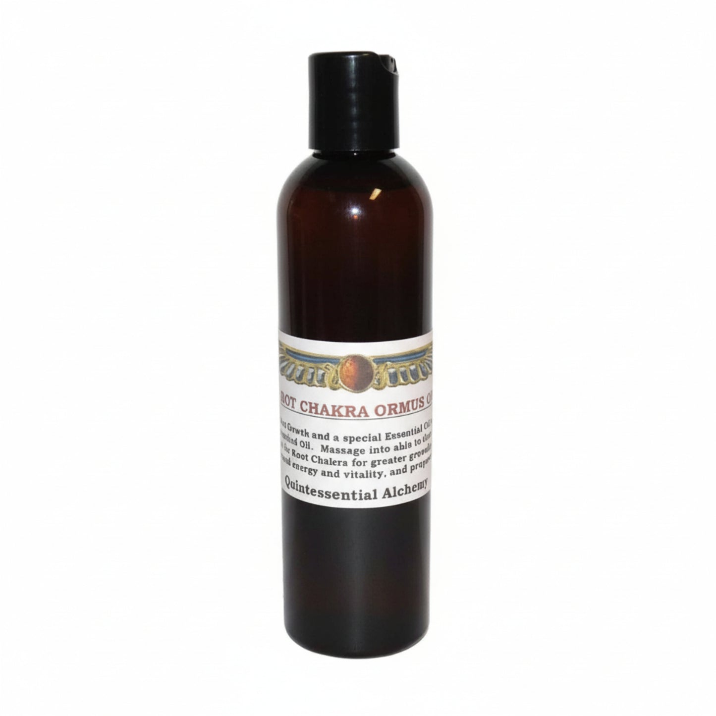 Black bottle with a label for Root Chakra ORMUS on a white background
