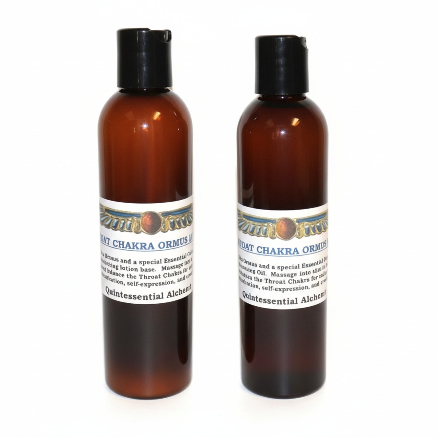 Two amber-colored bottles of Throat Chakra ORMUS with labels on a white background