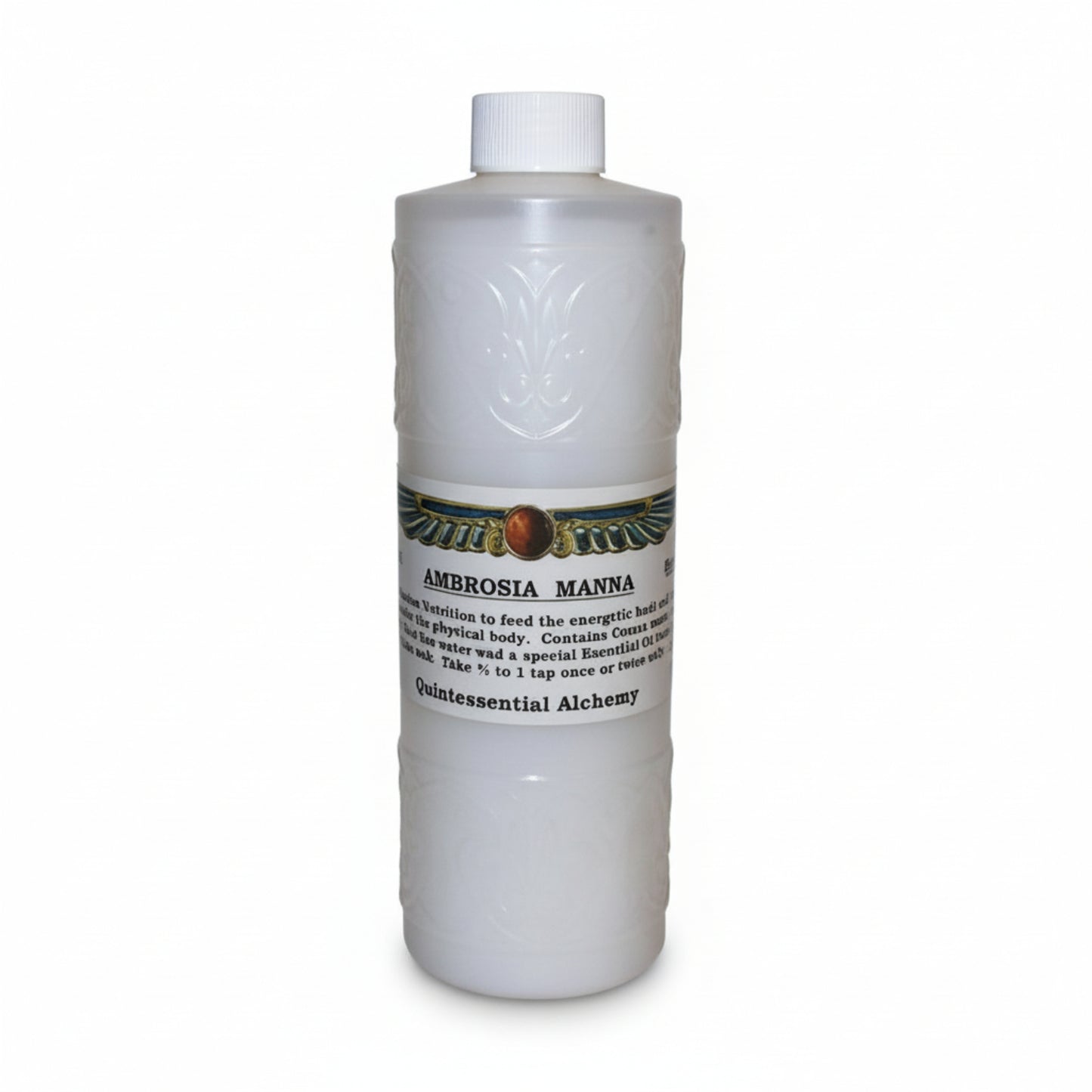 white bottle and lid, label shows wings around a circle, AMBROSIA MANNA, Nutrition to feed the energetic body, Quintessential Alchemy