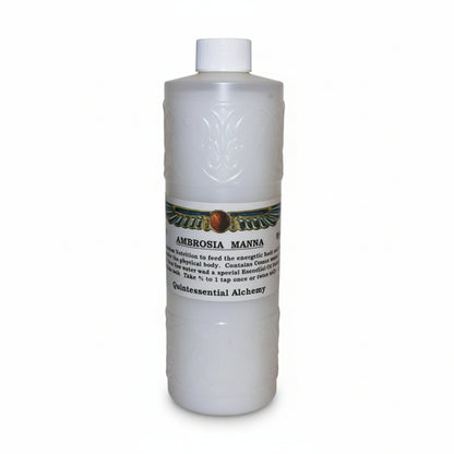 white bottle and lid, label shows wings around a circle, AMBROSIA MANNA, Nutrition to feed the energetic body, Quintessential Alchemy