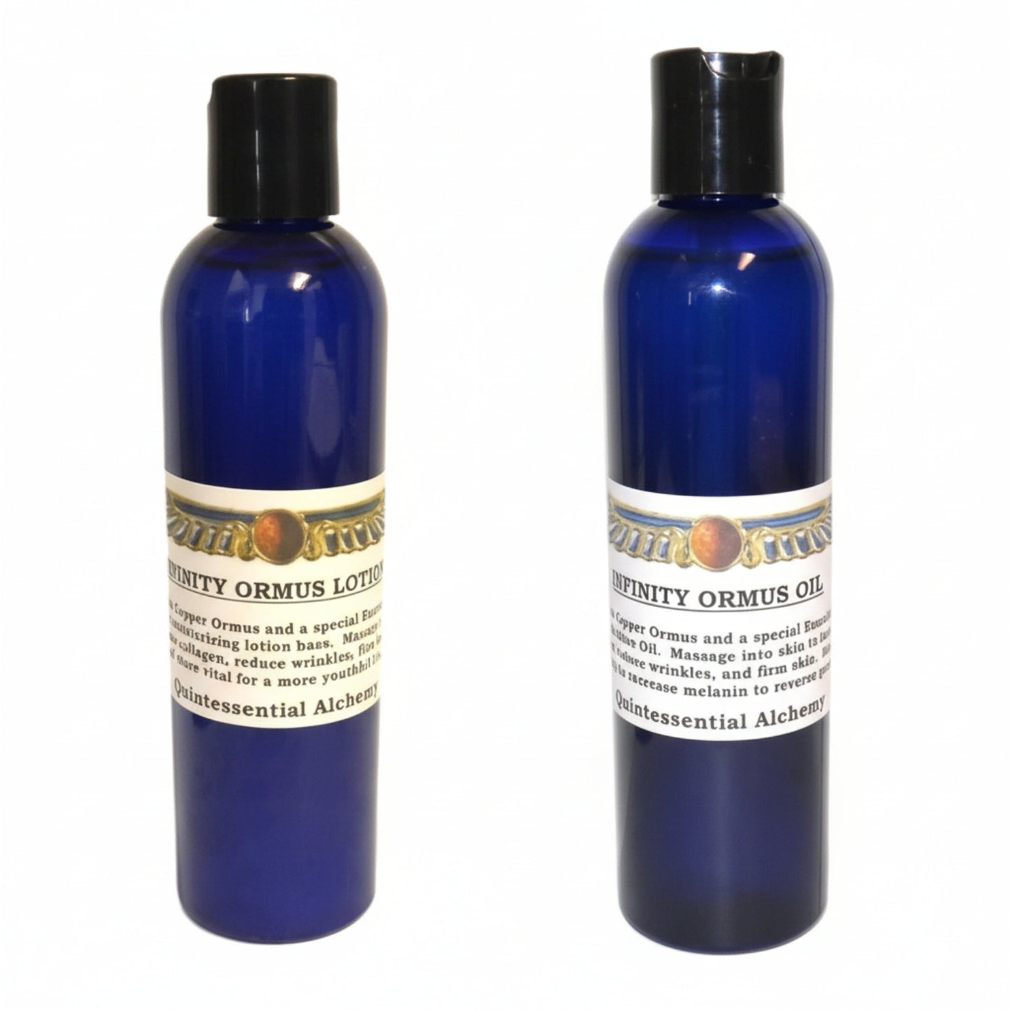 Two bottles of Infinity Ormus Oil and Lotion on a white background
