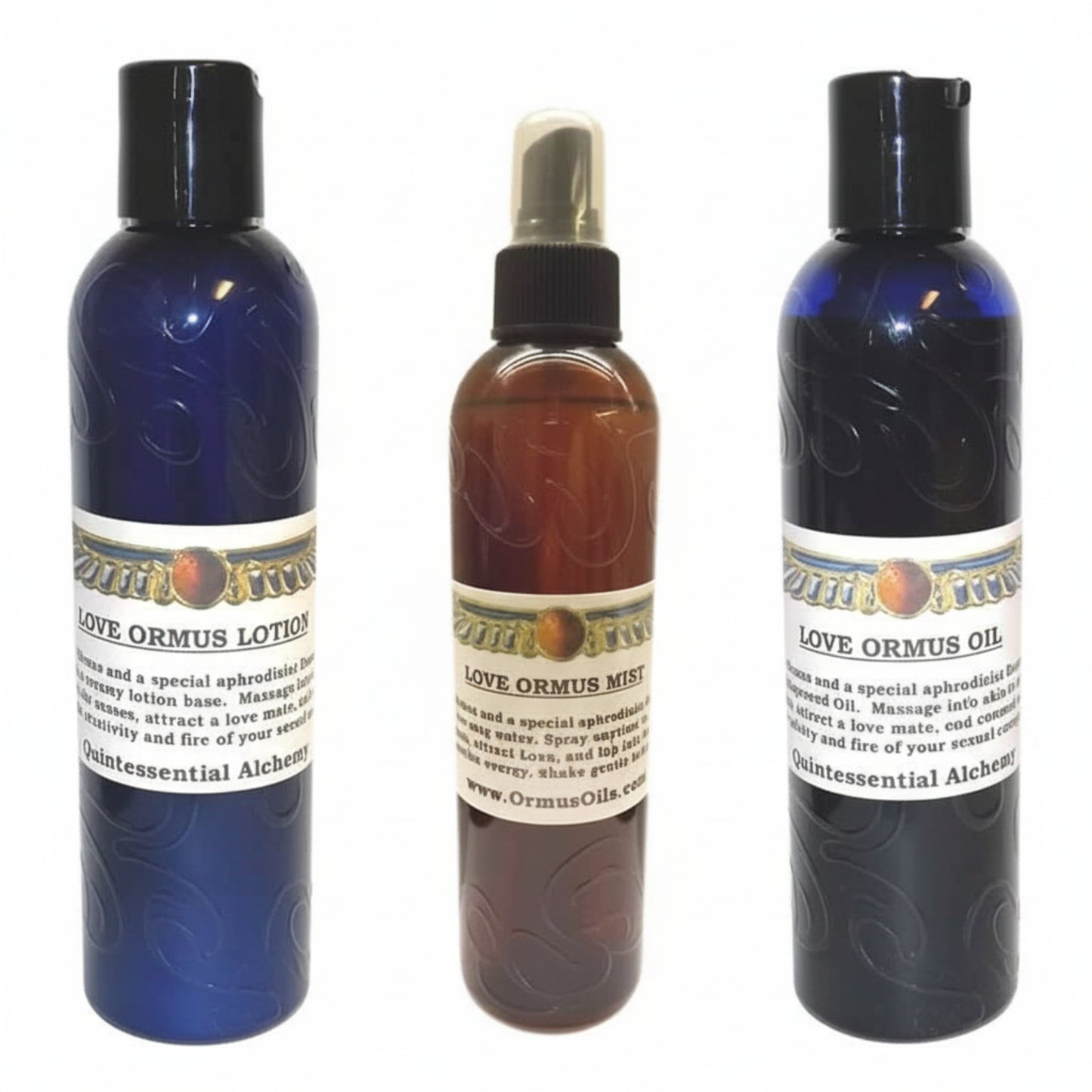 Three bottles of Love Ormus products including lotion, mist, and oil on a white background.