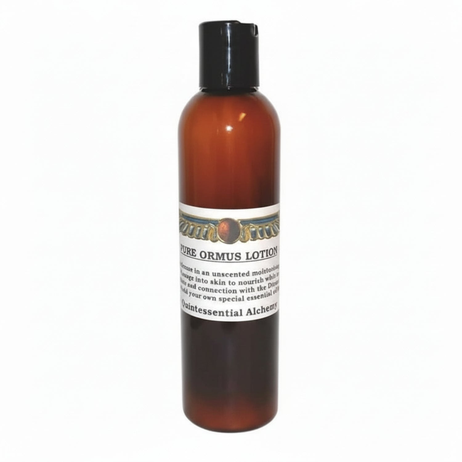 Amber bottle of 'Pure Ormus Lotion' with a label on a white background