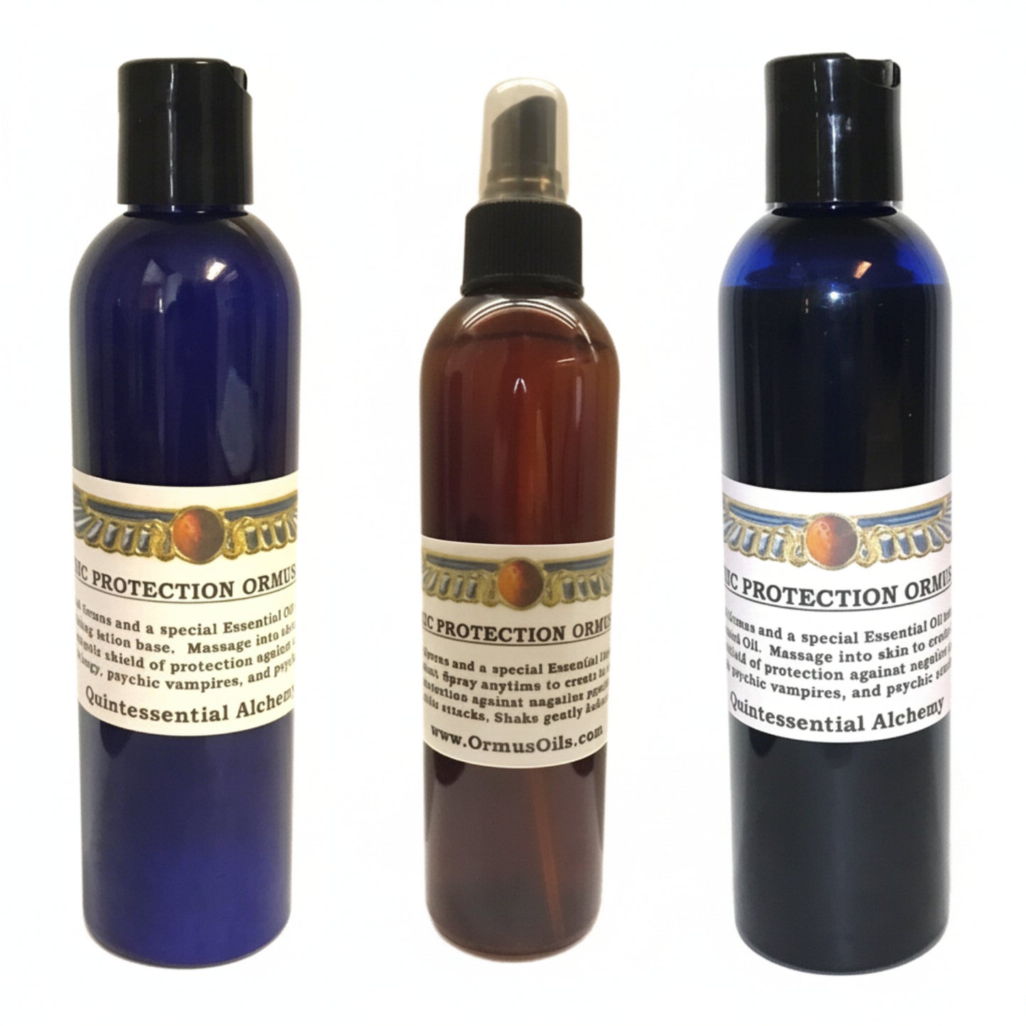 Three bottles of 'Psychic Protection Oil' with labels on a white background