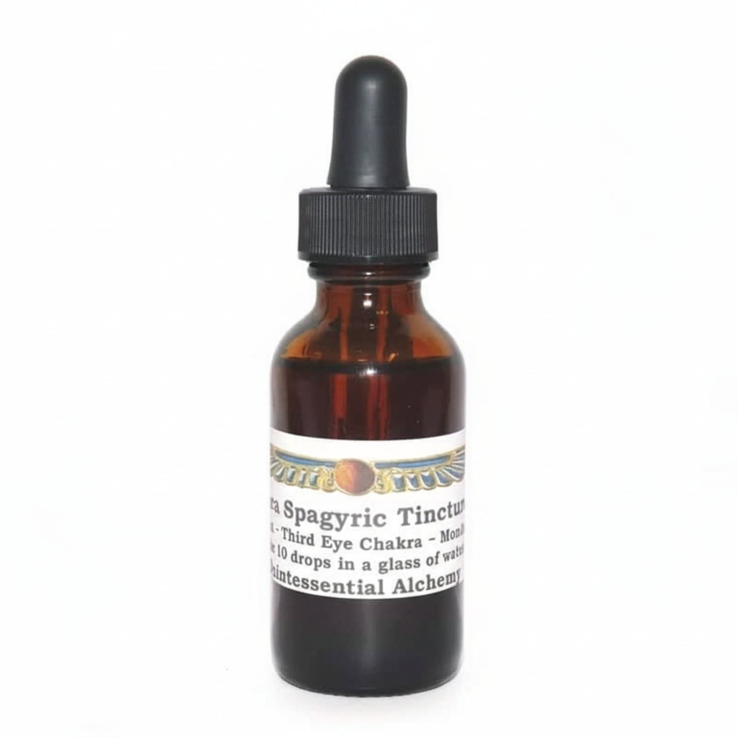 Brown glass dropper bottle of Maca Spagyric Tincture with a label on a white background