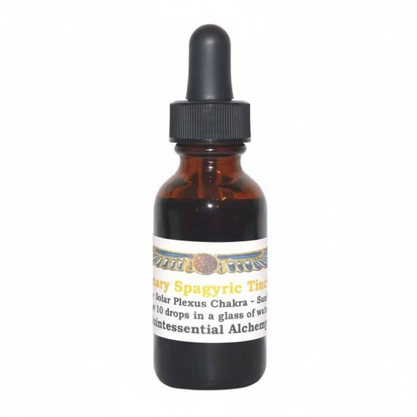 Amber glass dropper bottle with a label for Rosemary Spagyric Tincture on a white background