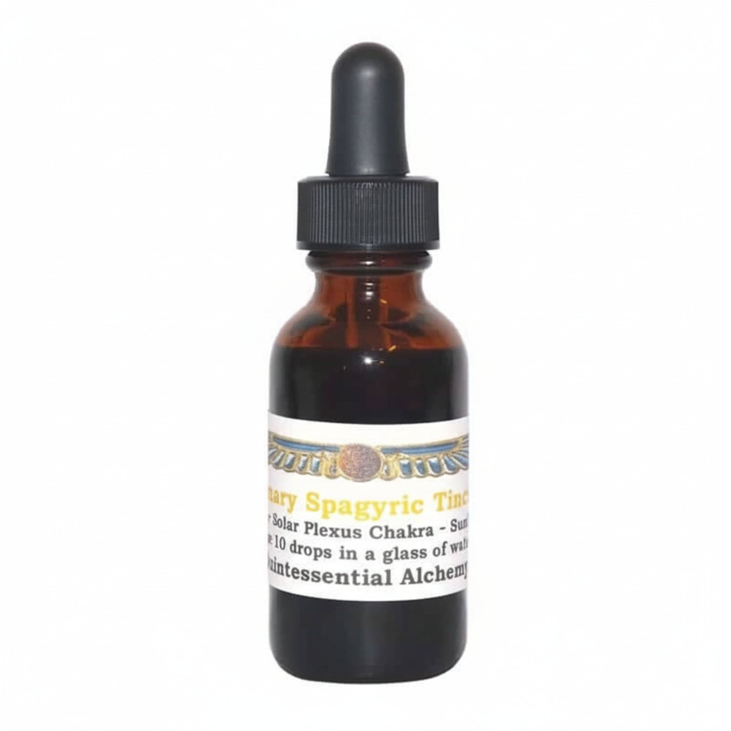 Amber glass dropper bottle with a label for Rosemary Spagyric Tincture on a white background