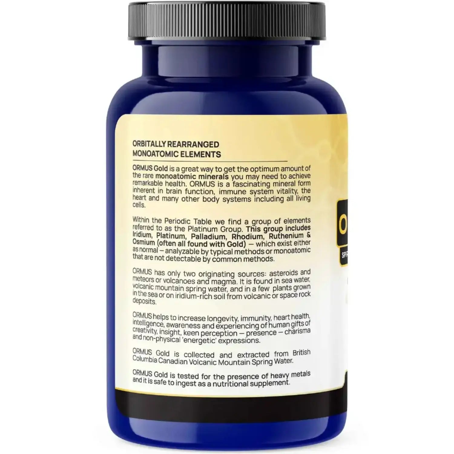 Bottle of ORMUS Gold, a Monoatomic Gold Supplement, featuring detailed product description and health benefits.