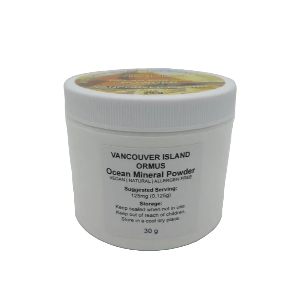 White container of Vancouver Island Ormus Ocean Mineral Powder on a gray background