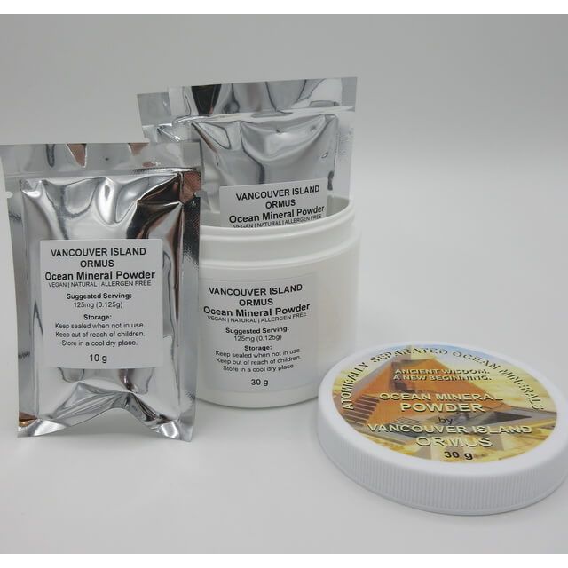 Vancouver Island Ormus Ocean Mineral Powder packaging on a white background