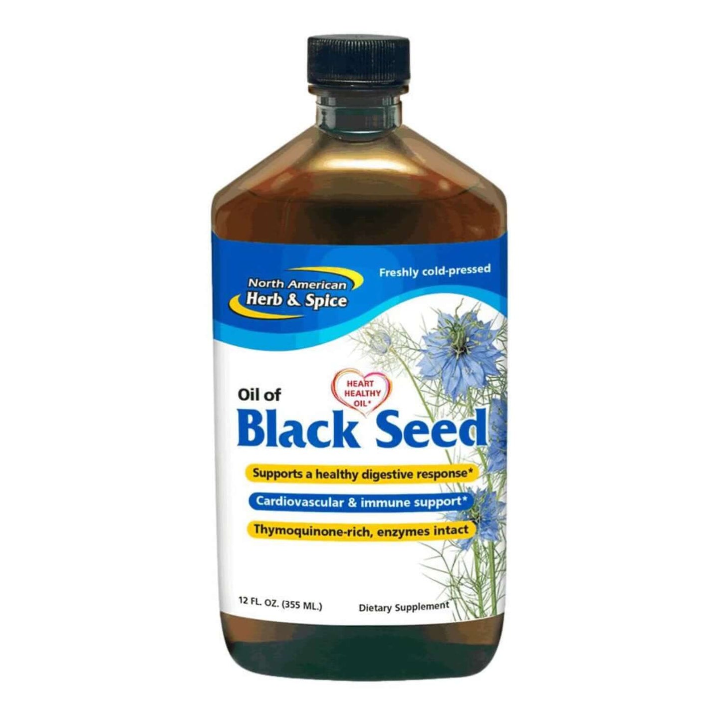 Cold Pressed Mediterranean Black Seed Oil bottle by North American Herb & Spice, dietary supplement for health support.