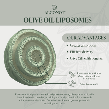 Algonot Olive Oil Liposomes product graphic showing a cross-section of a greenish textured liposome with callout lines and text listing advantages including greater absorption, efficient delivery, and olive oil health benefits.