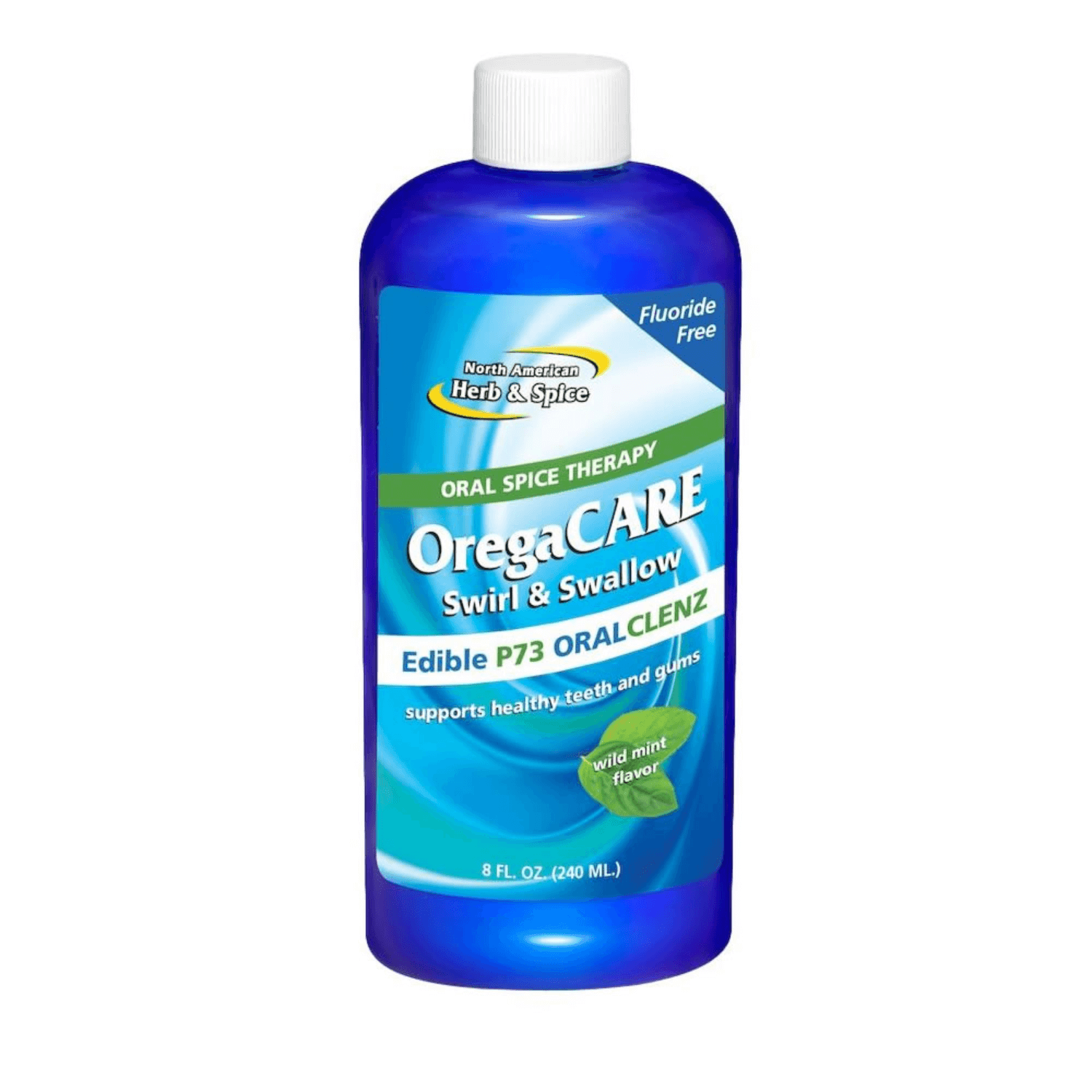OregaCARE Edible Oral Rinse with P73 Oregano bottle for oral hygiene and wellness, wild mint flavor, fluoride free.