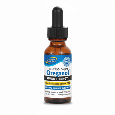 Oreganol P73 Edible Wild Oregano Oil Liquid in a dropper bottle for healthy immune support.