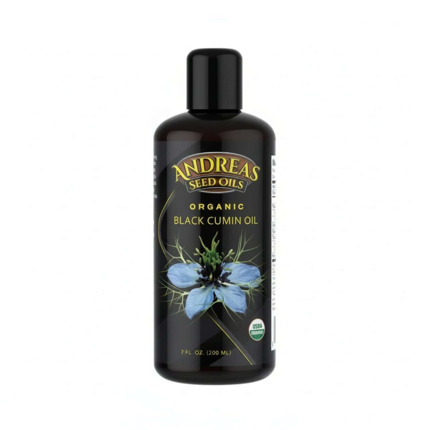 Organic Nigella Sativa Oil in a bottle from Andreas Seed Oils, 7 fl oz, featuring blue flower design.