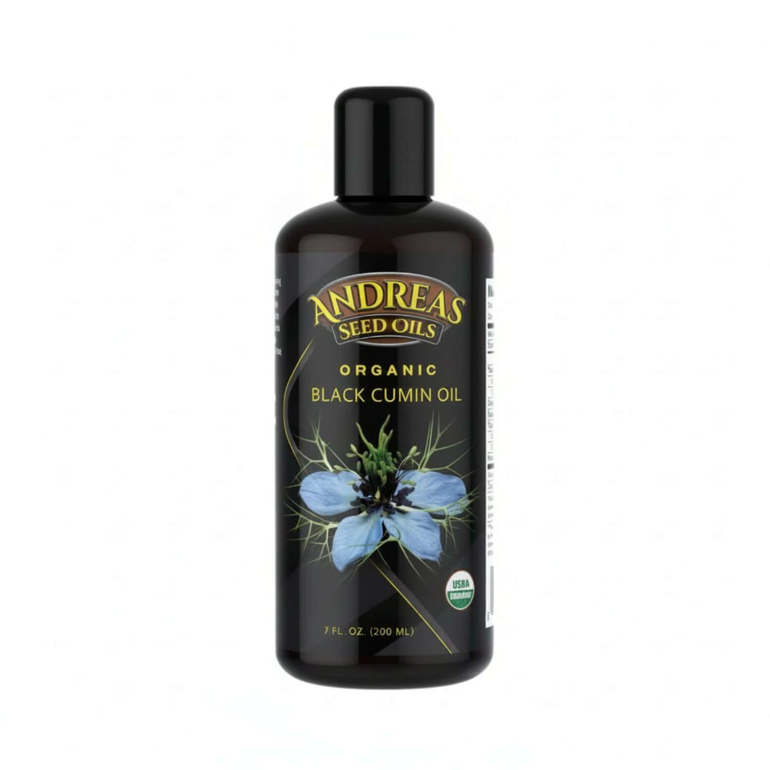 Organic Nigella Sativa Oil in a bottle from Andreas Seed Oils, 7 fl oz, featuring blue flower design.