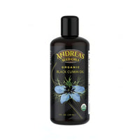 Organic Nigella Sativa Oil in a bottle from Andreas Seed Oils, 7 fl oz, featuring blue flower design.