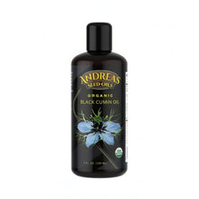 Organic Nigella Sativa Oil in a bottle from Andreas Seed Oils, 7 fl oz, featuring blue flower design.