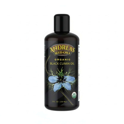 Organic Nigella Sativa Oil in a bottle from Andreas Seed Oils, 7 fl oz, featuring blue flower design.