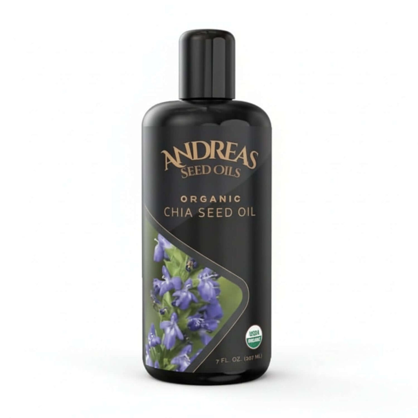 black bottle of Andreas Seed Oils Organic Chia Seed Oil on a white background