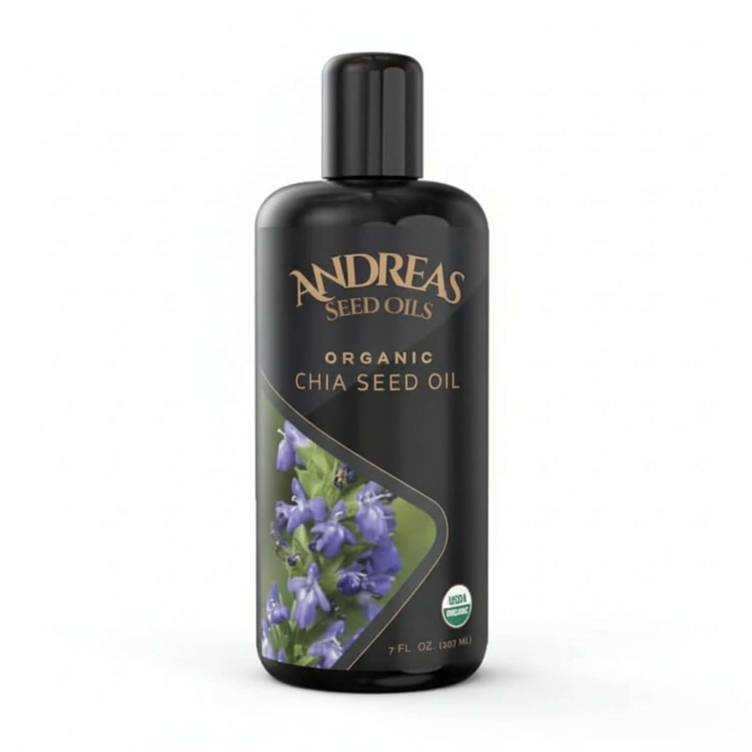 black bottle of Andreas Seed Oils Organic Chia Seed Oil on a white background