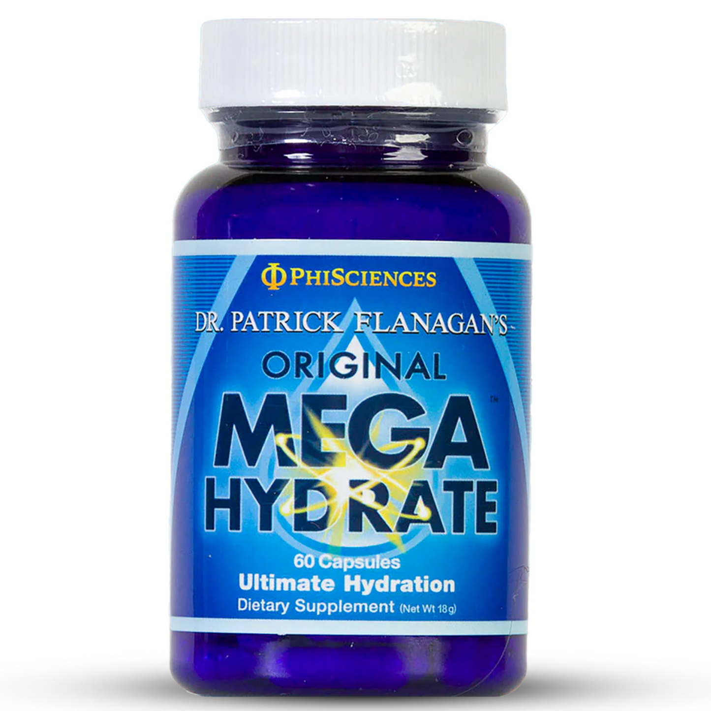 Supplement bottle labeled 'Original Mega Hydrate' 60 capsules by Dr. Patrick Flanagan on a white background