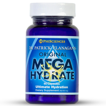 Supplement bottle labeled 'Original Mega Hydrate' 60 capsules by Dr. Patrick Flanagan on a white background