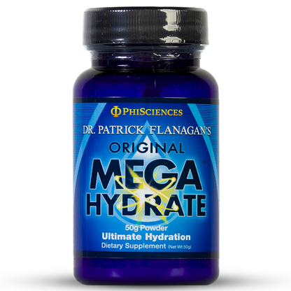 Supplement bottle labeled 'Mega Hydrate' 50g powder by Dr. Patrick Flanagan on a white background