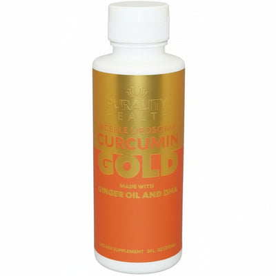 Supplement bottle labeled 'Curcumin Gold' with gold and orange label on a white background