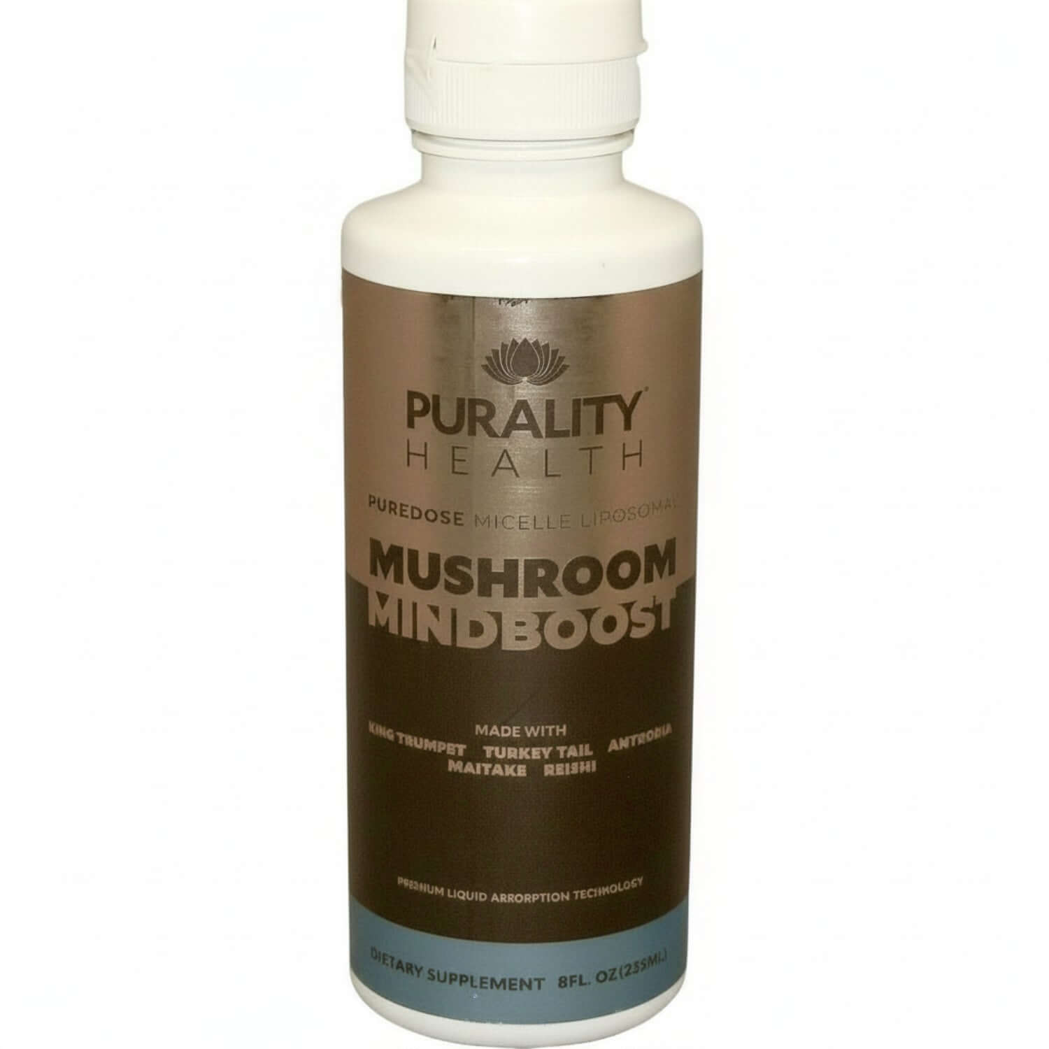 Bottle of Purity Health Mushroom Mindboost supplement on a white background