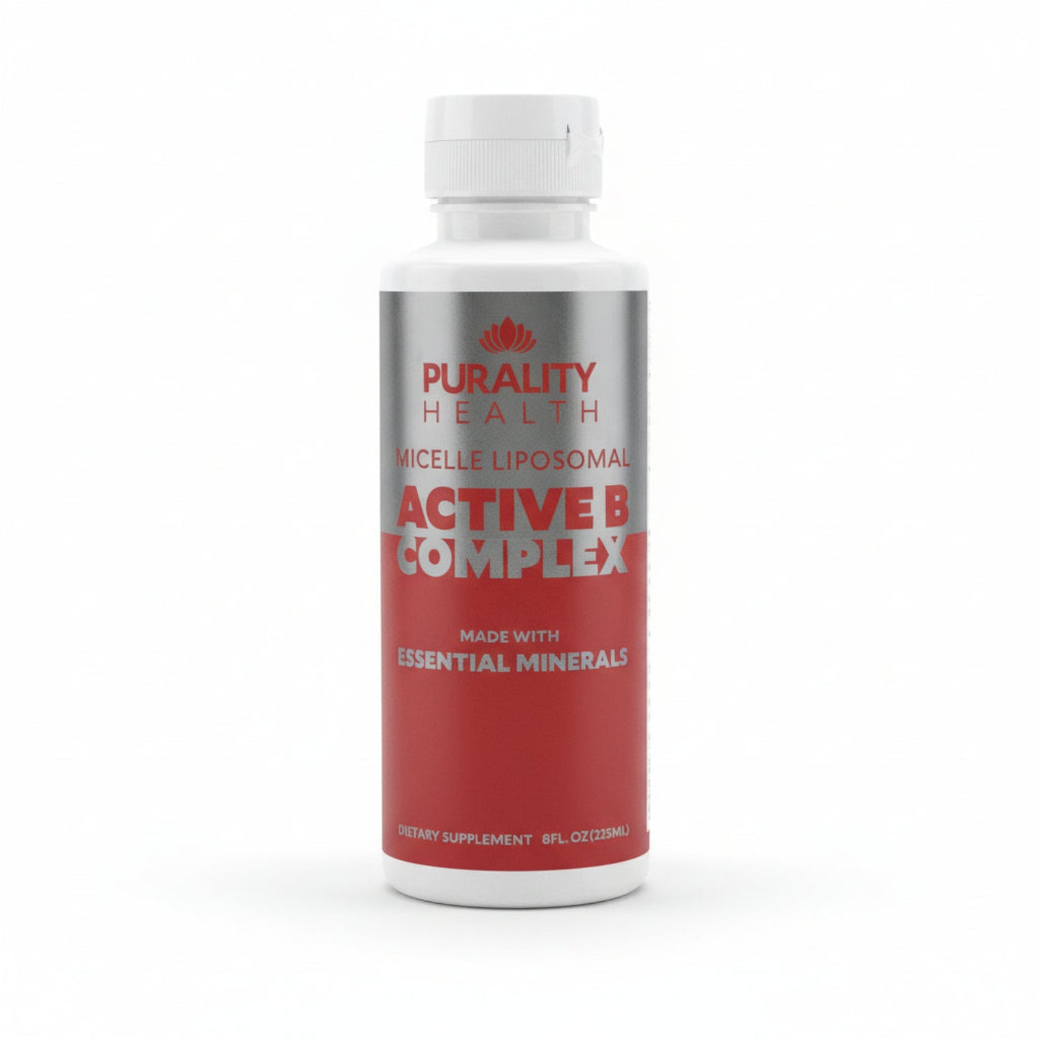 bottle of Purality Health Micelle Liposomal Active B Complex made with Essential Minerals on white background