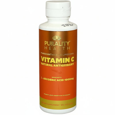 Bottle of Purity Health Vitamin C supplement on a white background