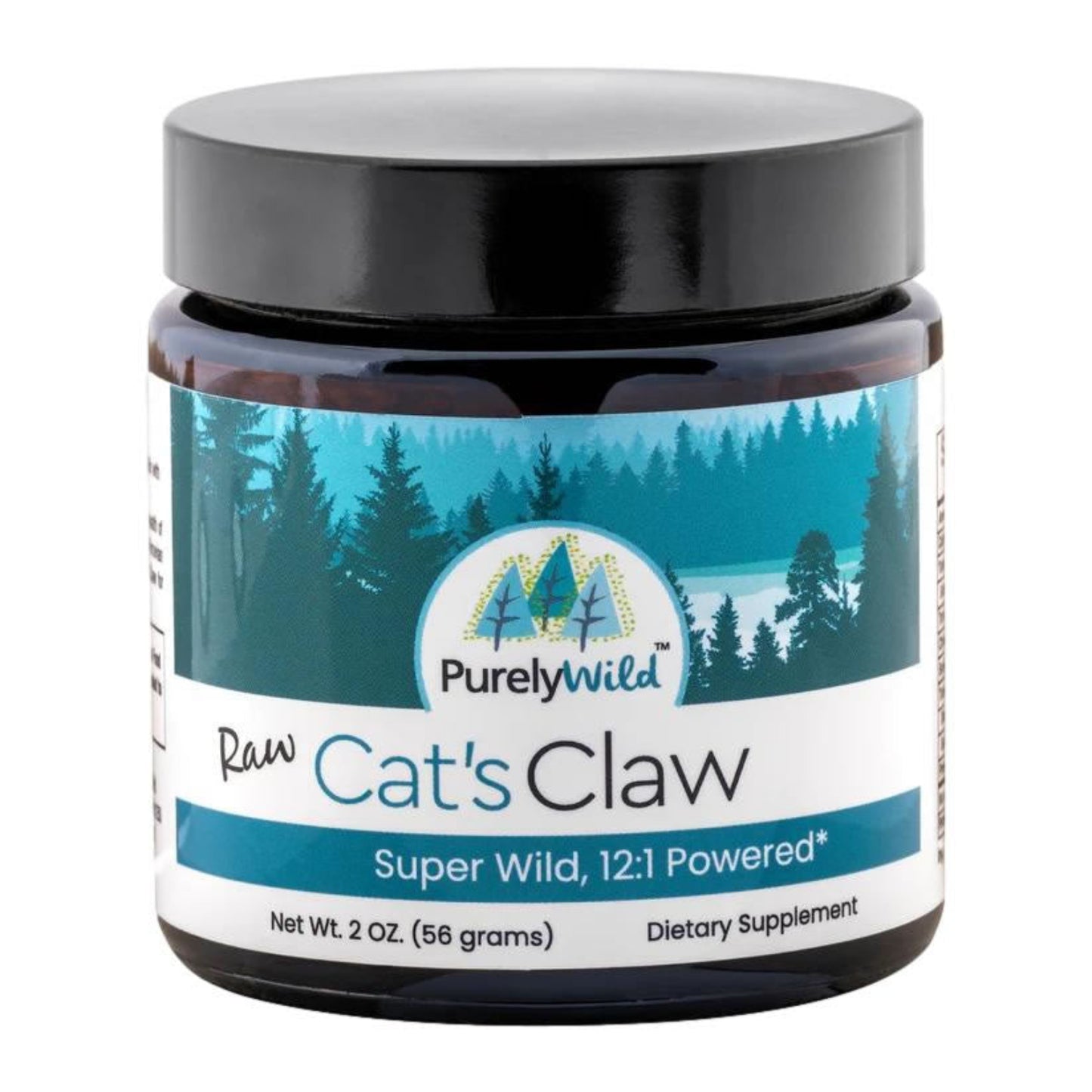 black jar and top with white/teal label picture of forest and lak, Purely Wild with tree logo, Raw Cat's Claw, super wild, 12:1 powdered, 2oz dietary supplement