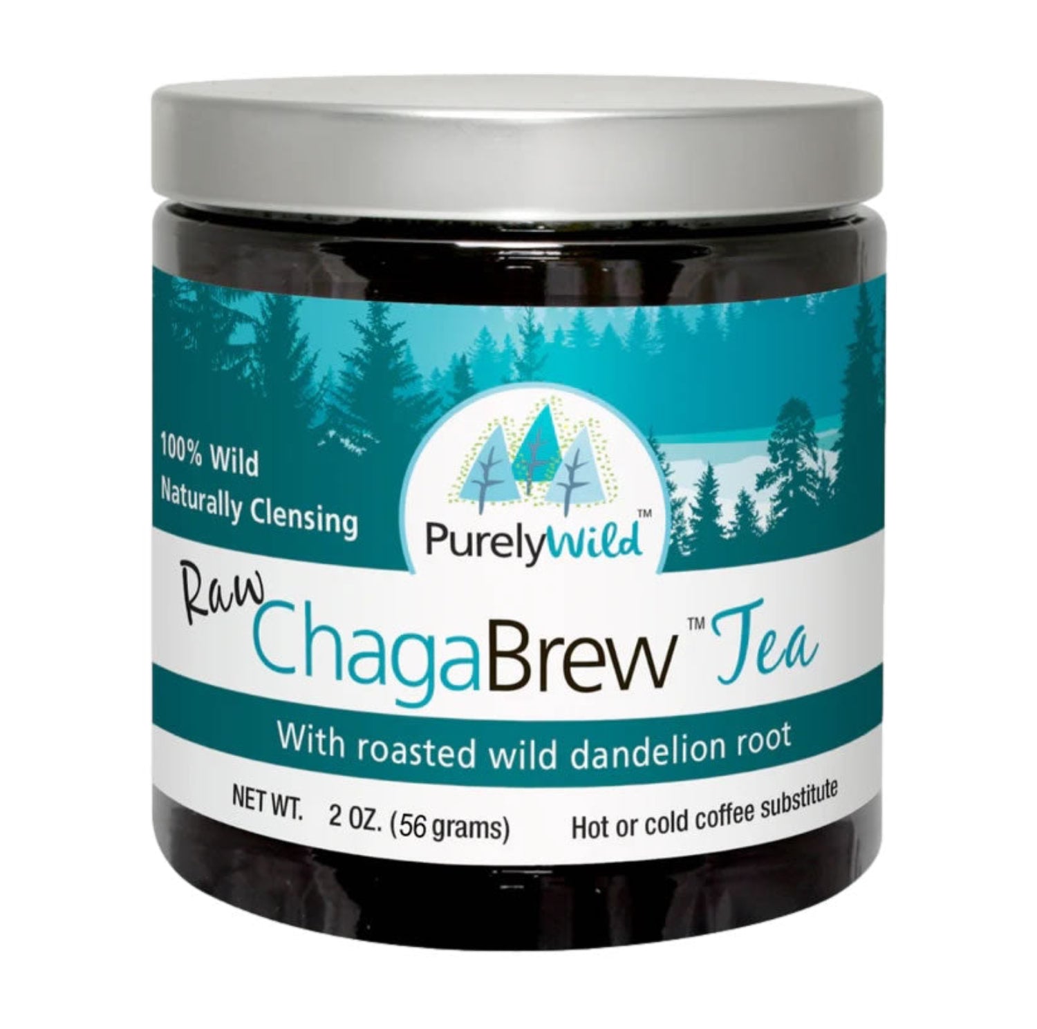 Jar of Purely Wild Raw Chaga Brew Tea on a white background
