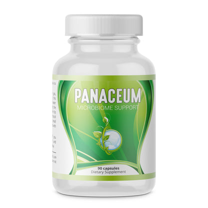 A white plastic bottle of Panaceum Microbiome Support dietary supplement with a green and white label, containing 90 capsules.