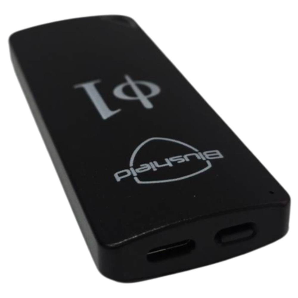 Blushield Phi Φ1 Portable device with logos on a white background