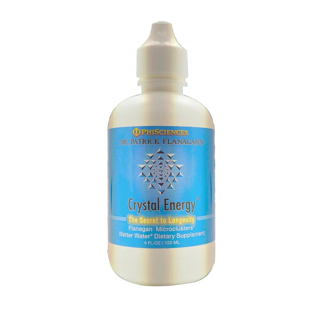 Bottle of 'Crystal Energy' supplement with a mystical background
