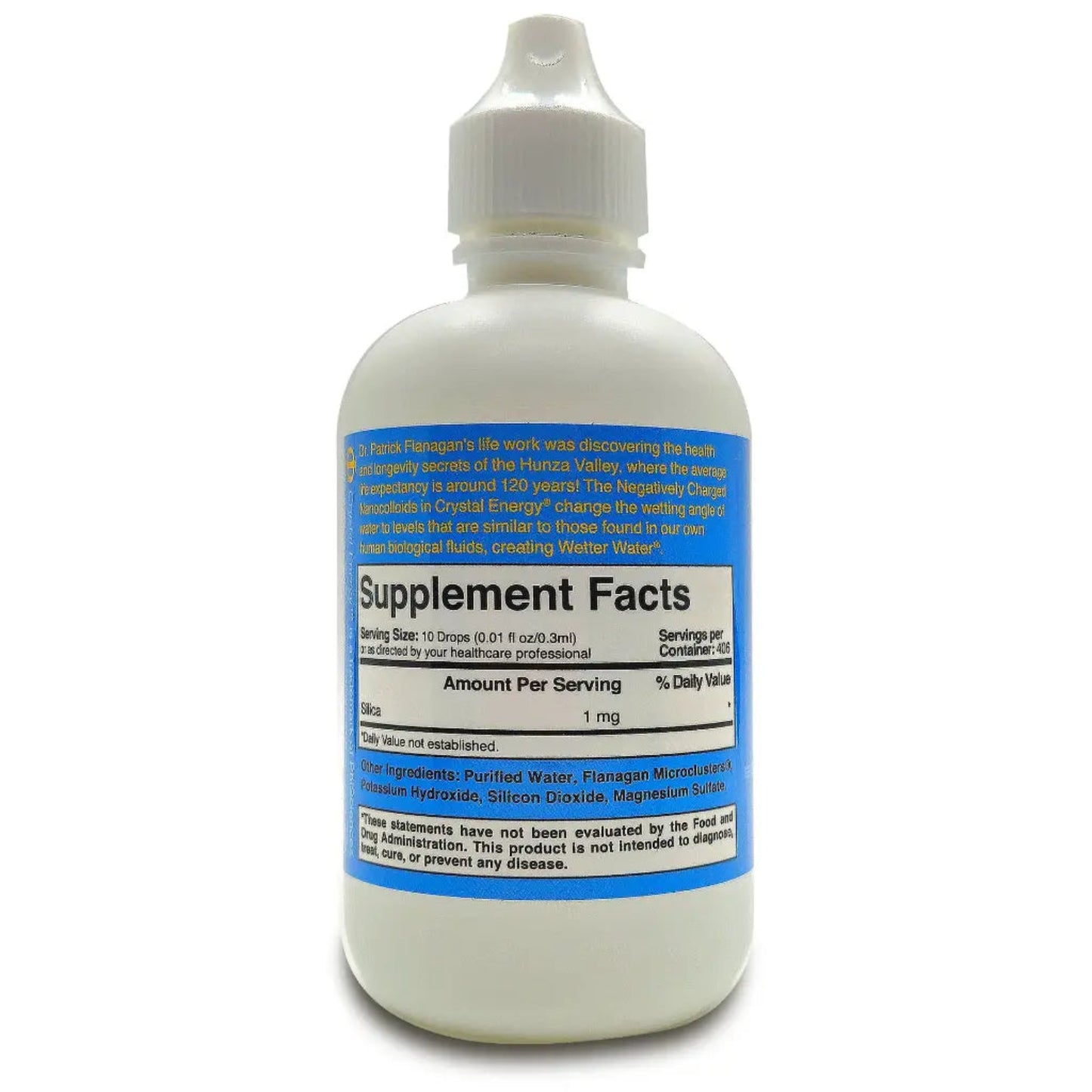 Supplement bottle with white and blue label showing Supplement Facts on a white background