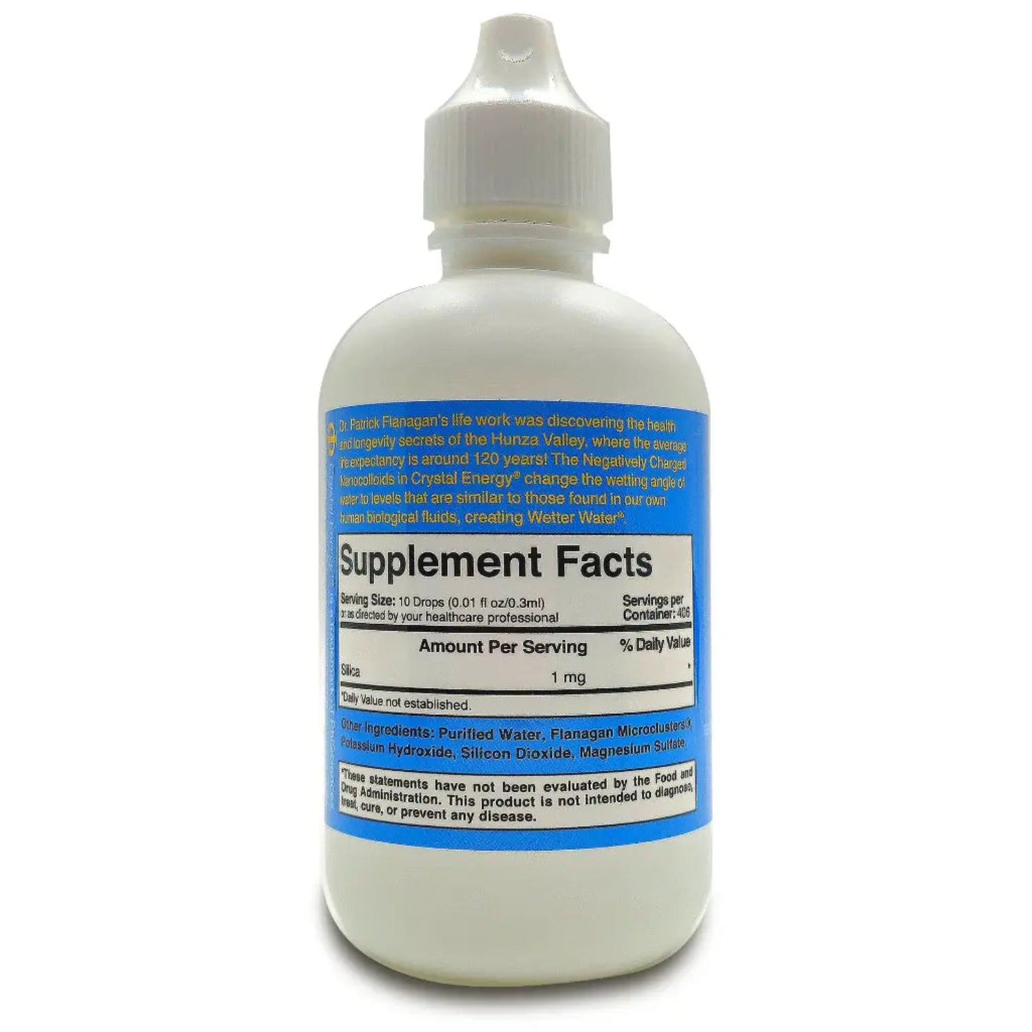 Supplement bottle with white and blue label showing Supplement Facts on a white background