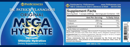 Phi Sciences MegaHydrate 50g Powder showing ingredients and nutritional information.