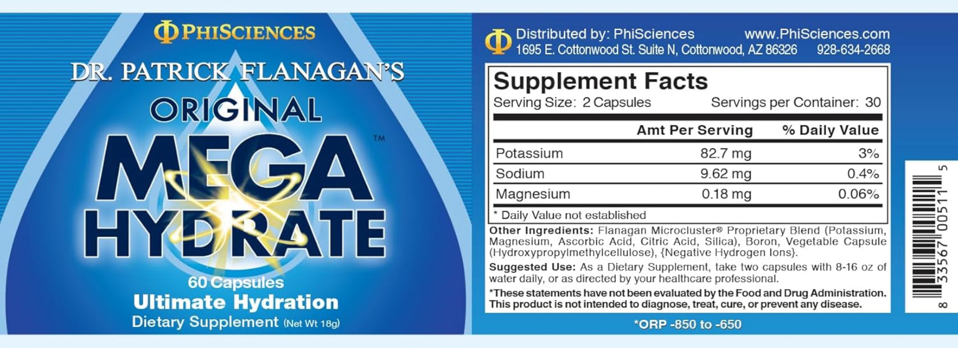 Phi Sciences MegaHydrate 60 Capsules Supplement facts label