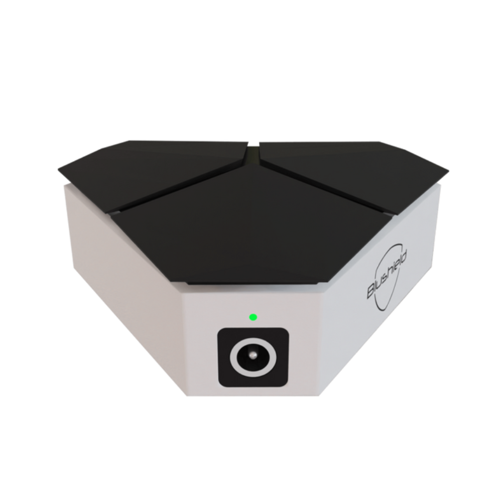 Hexagonal electronic device with black top and white base on a white background