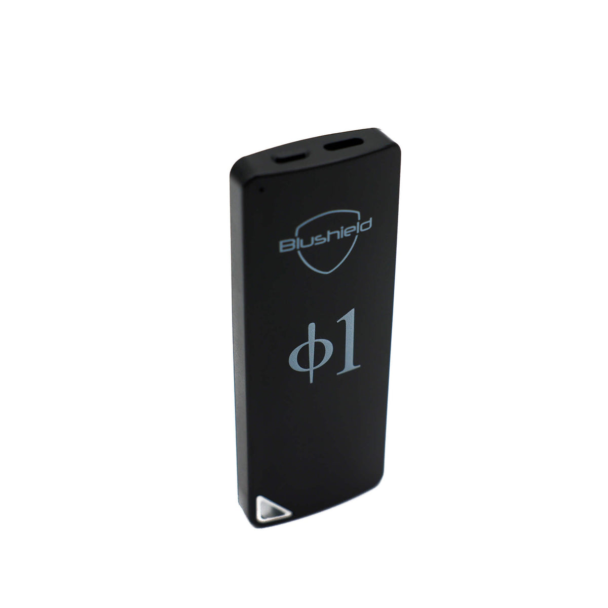 A black rectangular electronic device with rounded corners, featuring the 'Blushield' shield logo and the text 'phi1' printed in light gray on the front, set against a plain white background.
