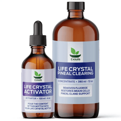 Exsula Minerals Pineal Gland and Brain Supplement bottles, featuring Life Crystal Pineal Clearing and Activator.
