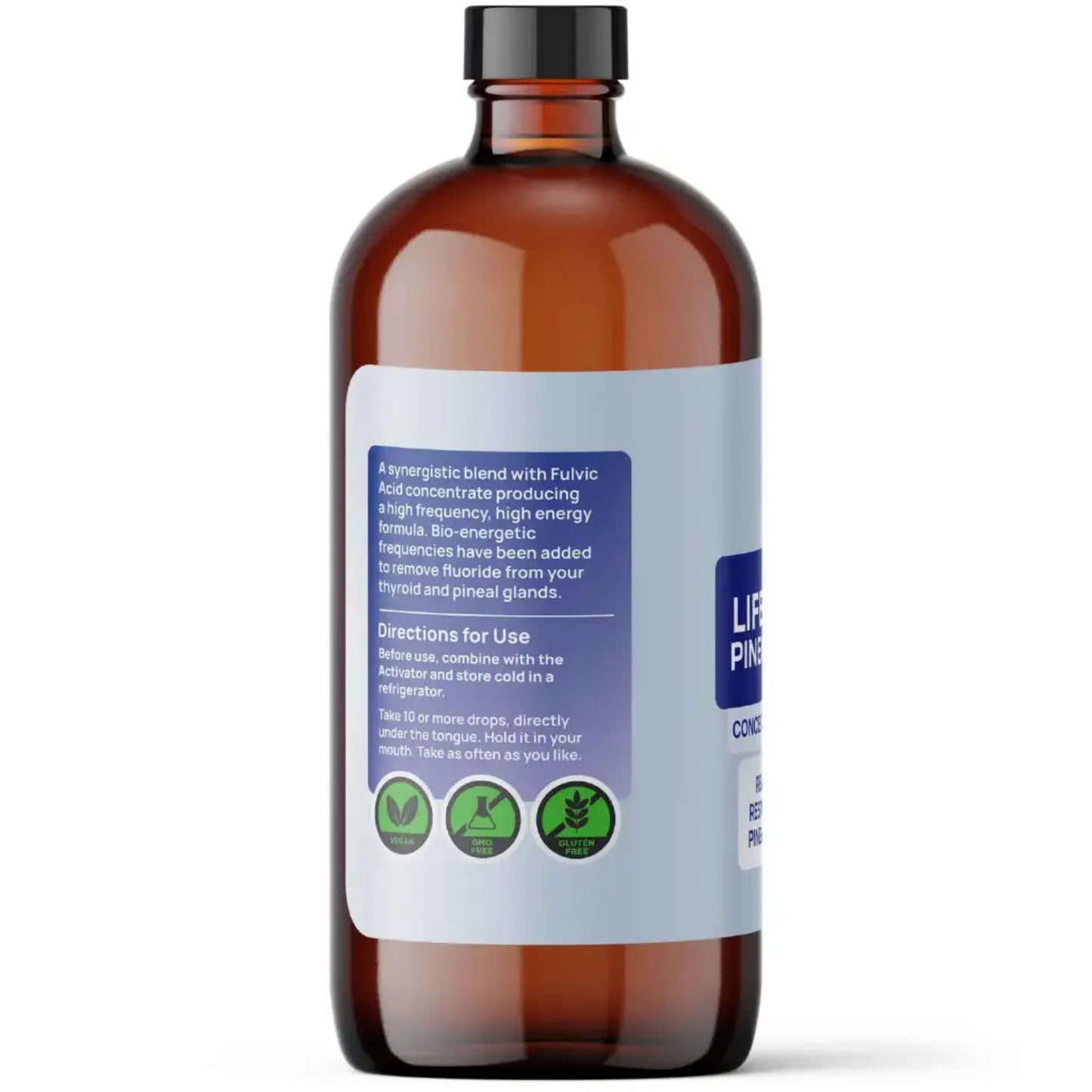 Brown glass bottle with a label on a white background